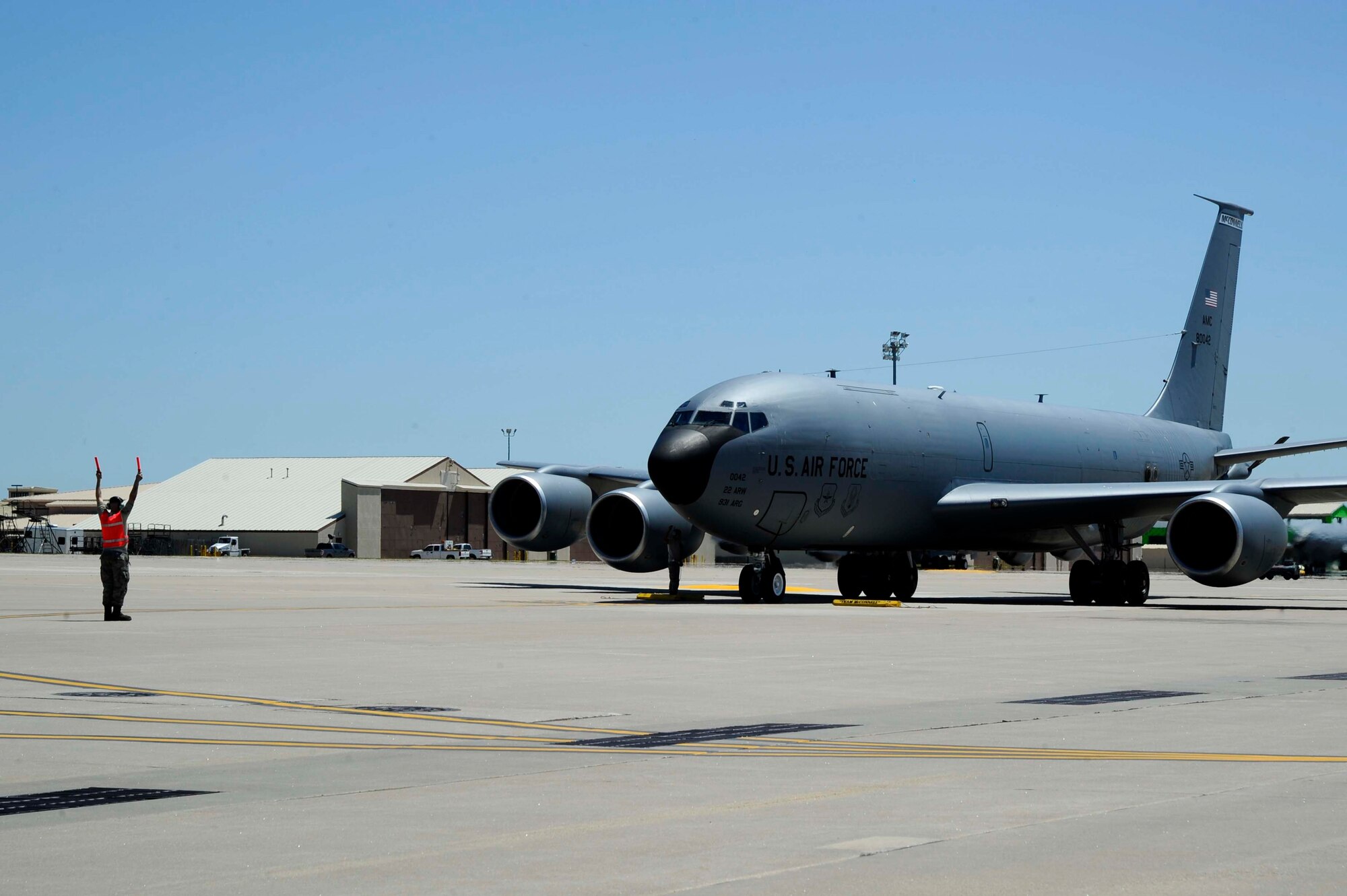 A KC-135 Stratotanker taxis into a parking spot, May 5, 2016, at McConnell Air Force Base, Kan. The KC-135’s primary mission is aerial refueling, which enhances the Air Force's capability to accomplish the primary mission of global reach. (U.S. Air Force photos/Airman 1st Class Jenna K. Caldwell)