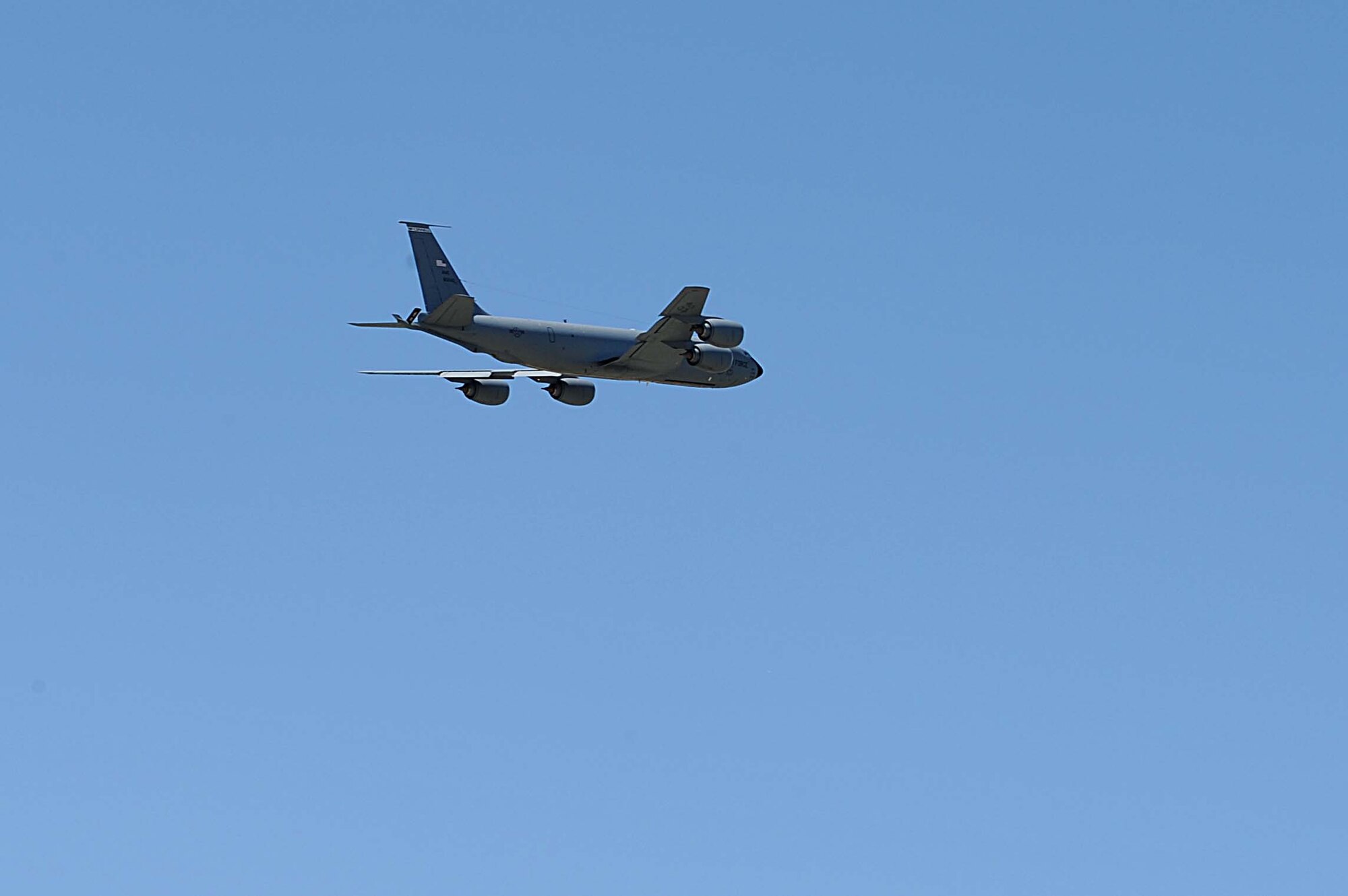 A KC-135 Stratotanker ascends, May 5, 2016, at McConnell Air Force Base, Kan. The KC-135’s primary mission is aerial refueling, which enhances the Air Force's capability to accomplish the primary mission of global reach. (U.S. Air Force photos/Airman 1st Class Jenna K. Caldwell)