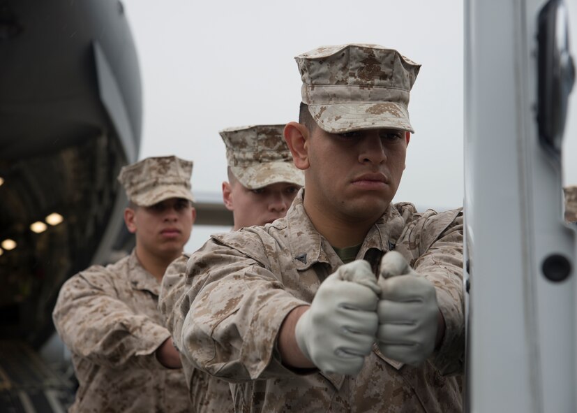 A U.S. Marine Corps carry team loads an empty transfer case into a transfer vehicle at the Folded Flag 2016 mass fatality dignified transfer exercise May 4, 2016, at Dover Air Force Base, Del. Carry teams from each service branch carry their respective fallen members. (U.S. Air Force photo/Senior Airman Zachary Cacicia)