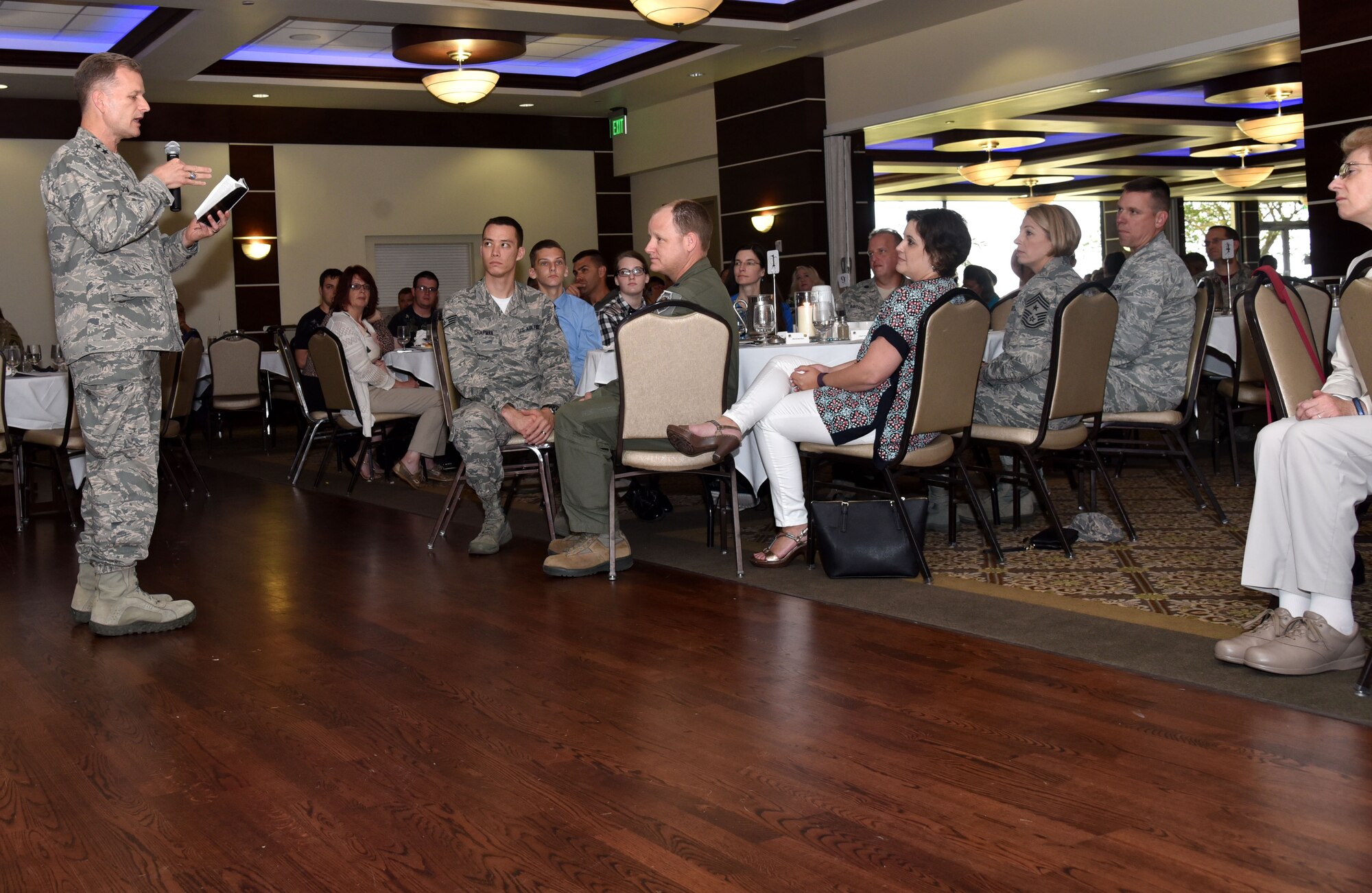 Maj. Gen. Dondi Costin, the Chief of Chaplains Headquarters Air Force, speaks to Team MacDill during a Spiritual Resiliency luncheon May 6, 2016, at MacDill Air Force Base, Fla. The theme for the luncheon was “finding strength through adversity.” (U.S. Air Force photo by Staff Sgt. Adam Borgman)