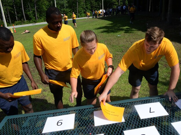 Navy participants in the 2016 Lowcountry Skills Fair race to place papers in proper nine-line medical evacuation order May 4, 2016 at Joint Base Charleston - Weapons Station, S.C. The fair was created to showcase and improve the skillset of medical professionals throughout the local area. (U.S. Air Force photo/Senior Airman Ericka Engblom)