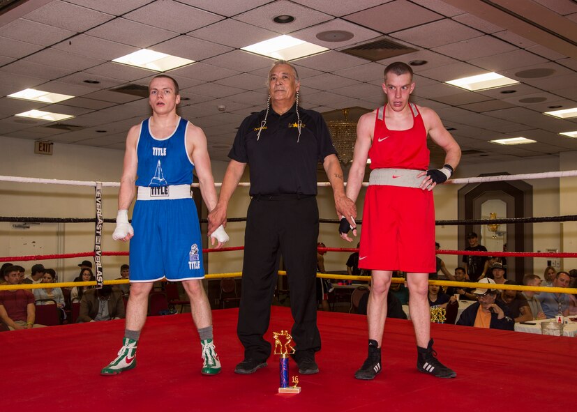 Staff Sgt. Ryan Savage, 91st Security Forces Group evaluator, waits to hear the results of his boxing match in Minot, N.D., May 7, 2016. Savage was the Upper Midwest Golden Gloves winner for 2016. (U.S. Air Force photo/Airman 1st Class Christian Sullivan)