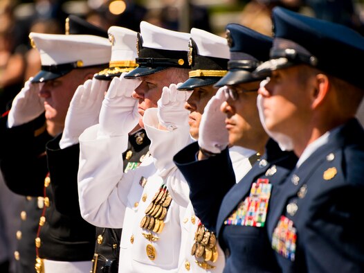 Airmen, Sailors, Marines and Soldiers salute during the presentation of the colors at the 47th Annual Explosive Ordnance Disposal Memorial Service at the Kauffman EOD Training Complex at Eglin Air Force Base, Fla., May 7. Names of recent fallen and past EOD technicians are added to the memorial wall during a ceremony each year.  The Army, Marines and Navy added six new names this year. The all-service total now stands at 320. (U.S. Air Force photo/ Samuel King Jr.)