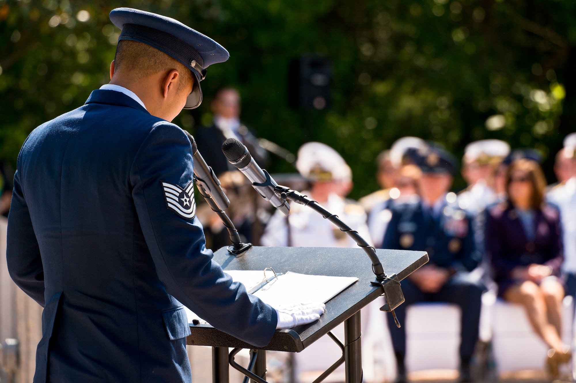 Tech. Sgt. Aaron Lin reads the names of fallen Air Force explosive ordnance disposal technicians during the 47th Annual EOD Memorial Service at the Kauffman EOD Training Complex at Eglin Air Force Base, Fla., May 7. Names of recent fallen and past EOD technicians are added to the memorial wall during the ceremony each year.  The Army, Marines and Navy added six new names this year. The all-service total now stands at 320. (U.S. Air Force photo/Samuel King Jr.)