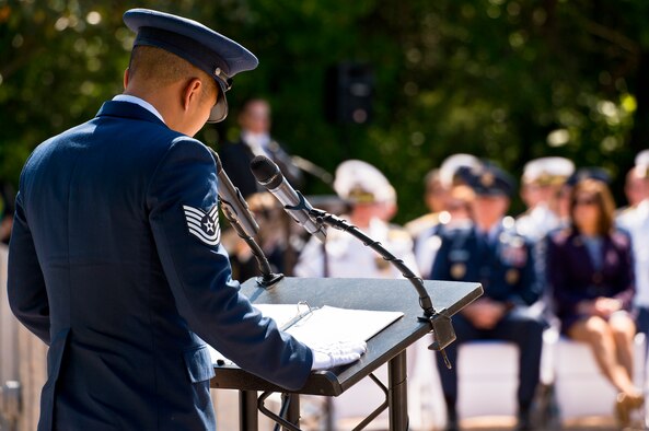 Tech. Sgt. Aaron Lin reads the names of fallen Air Force explosive ordnance disposal technicians during the 47th Annual EOD Memorial Service at the Kauffman EOD Training Complex at Eglin Air Force Base, Fla., May 7. Names of recent fallen and past EOD technicians are added to the memorial wall during the ceremony each year.  The Army, Marines and Navy added six new names this year. The all-service total now stands at 320. (U.S. Air Force photo/Samuel King Jr.)
