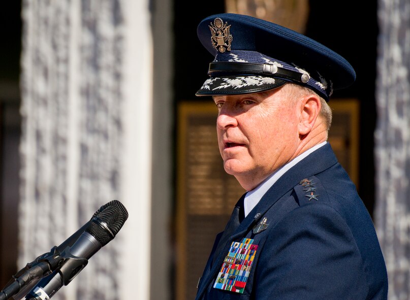 Air Force Chief of Staff Gen. Mark A. Welsh III speaks to the crowd of approximately 500 people at the 47th Annual EOD Memorial Service at the Kauffman EOD Training Complex at Eglin Air Force Base, Fla., May 7. Names of recent fallen and past EOD technicians are added to the memorial wall during the ceremony each year.  The Army, Marines and Navy added six new names this year. The all-service total now stands at 320. (U.S. Air Force photo/ Samuel King Jr.)