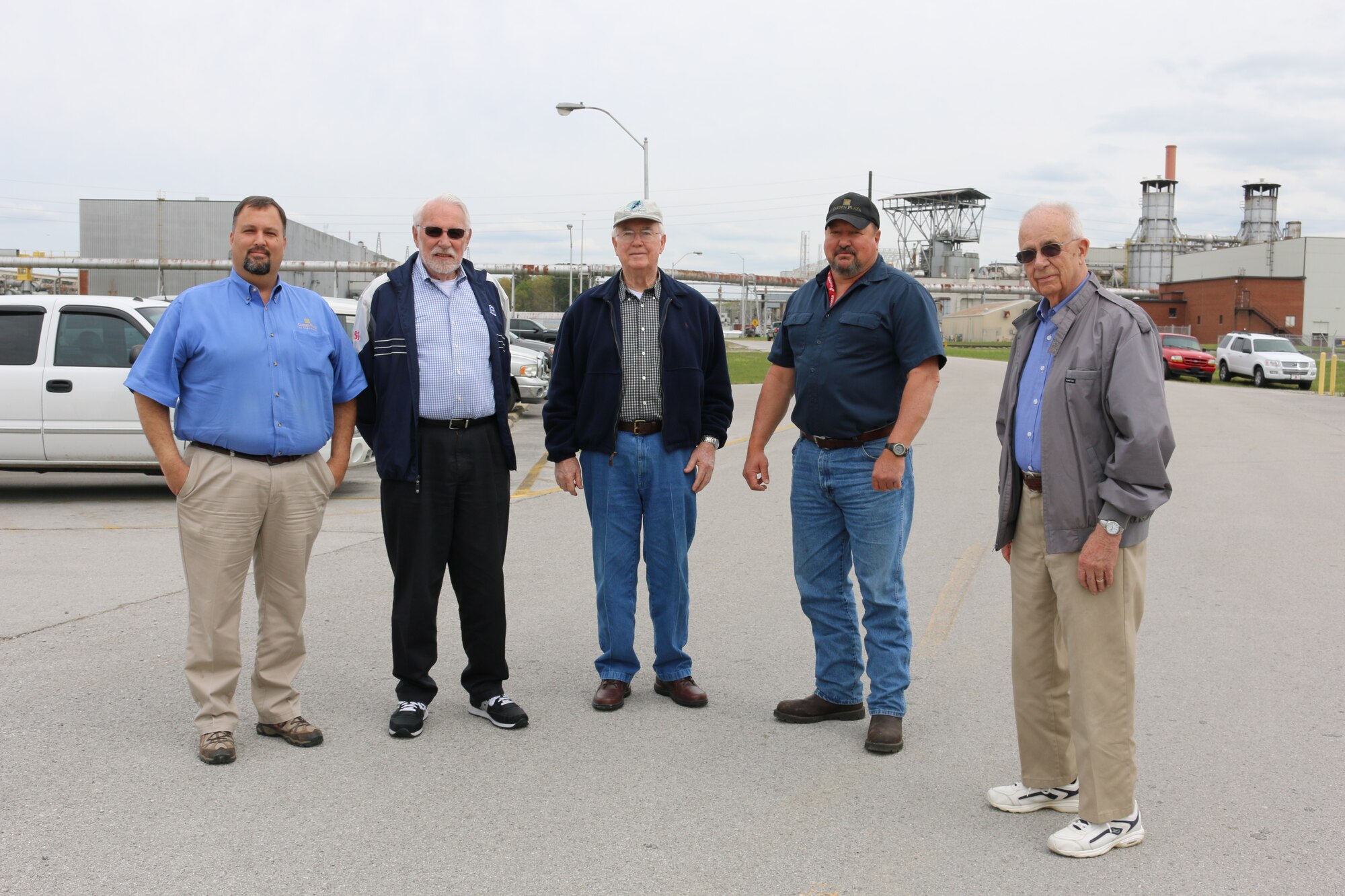 Three Korea War era veterans visited AEDC on April 13, 2016, to watch the live firing of a Minuteman Stage II rocket motor. Butch Welch, ATA outside machinist, helped arrange this unique experience for the group. Pictured left to right are David Dailey, Leonard Ohlsson, Donald Brodes, Butch Welch and Charles Bolick. (U.S. Air Force photo/Deidre Ortiz)