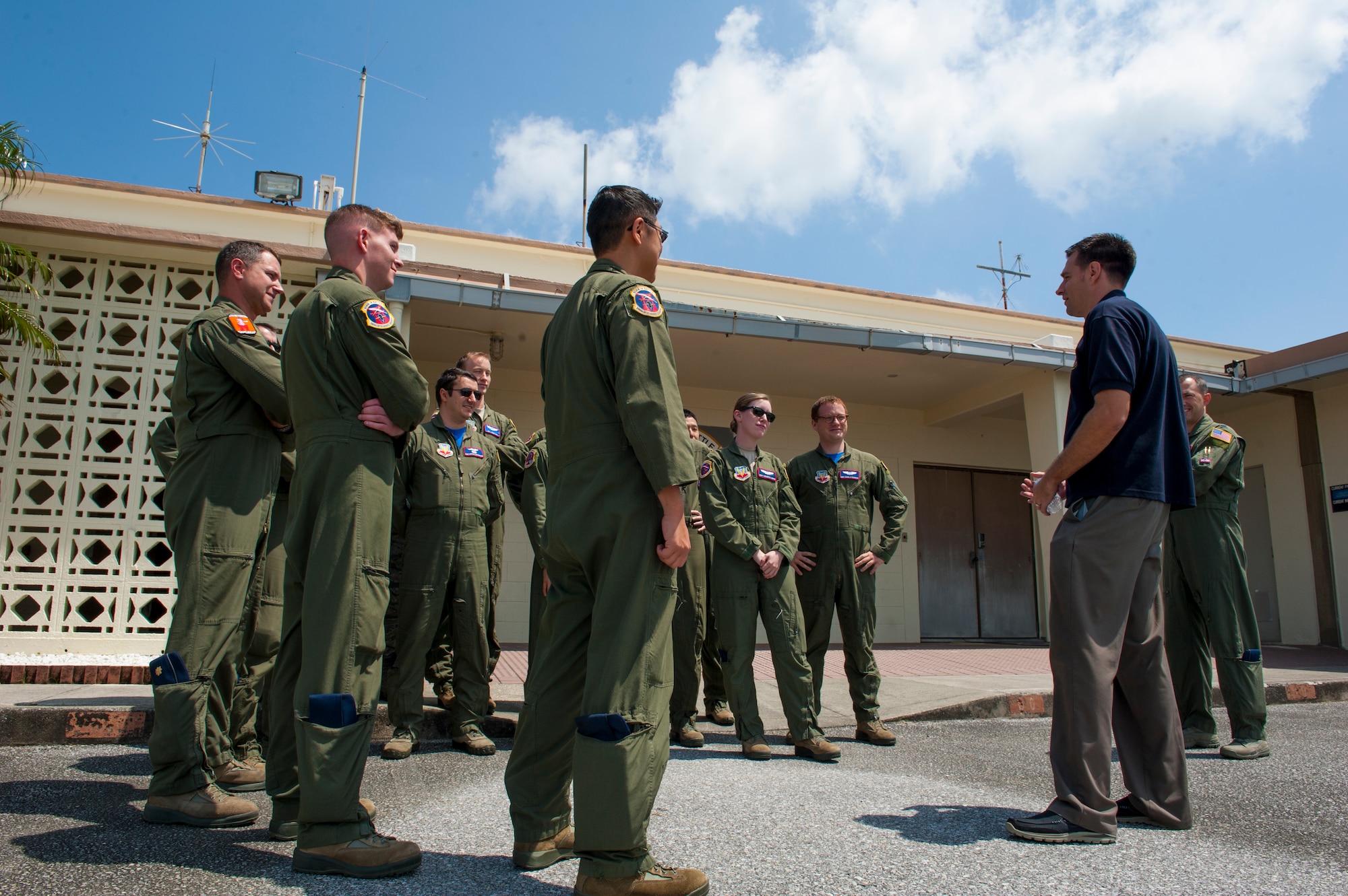 Curtis Towne, Department of Defense civilian employee, speaks to members of the 390th Intelligence Squadron April 29, 2016, at Kadena Air Base, Japan. Towne was a linguist assigned to the 390th IS performing missions onboard a Navy EP-3 Aries II April 1, 2001, when the aircraft was struck by a People’s Republic of China jet. The collision resulted in a crash-landing on Hainan Island where the crew was detained by PRC officials for 12 days. During his return to Kadena this year, Towne shared his experiences and spoke about the importance of keeping a level head under pressure. (U.S. Air Force photo by Airman 1st Class Lynette M. Rolen)