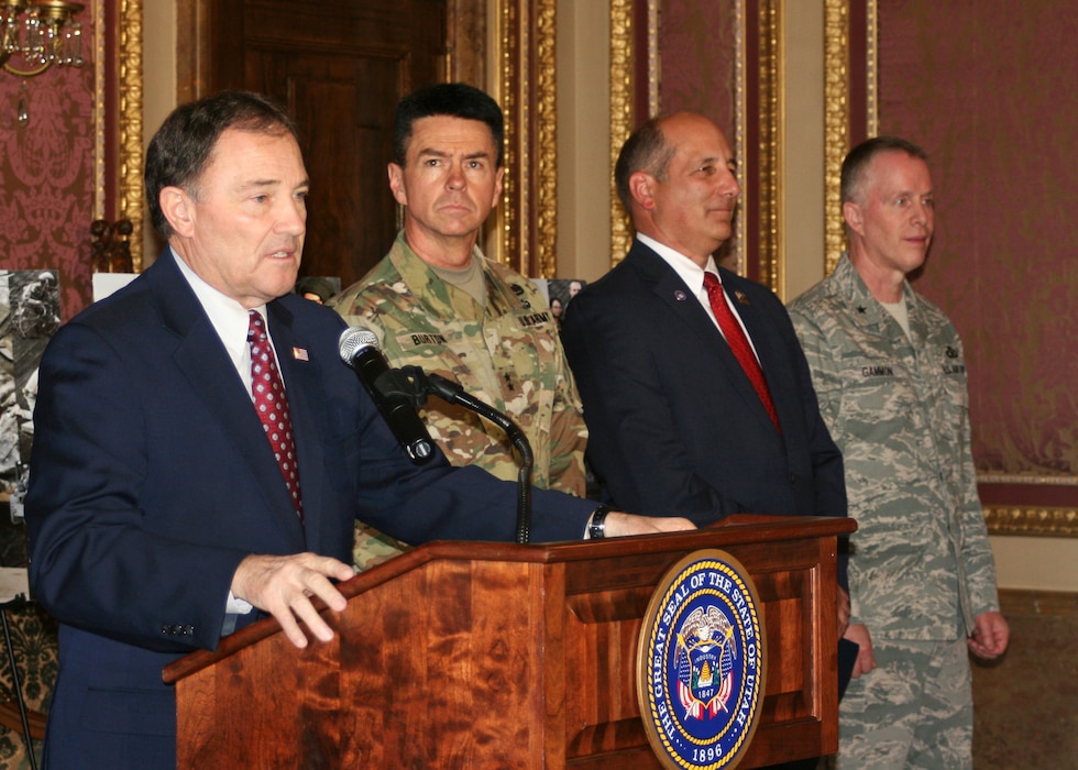Utah Governor Gary Herbert, Maj. Gen. Jefferson Burton, Utah National Guard
Adjutant General; Gary Harter, Utah Department of Veterans and Military
Executive Director; and Brig. Gen. Kenneth Gammon, Joint Staff
Director, kicked off National Military Appreciation Month by participating
in a special signing of three bills related to the military on May 6, 2016, at the
Utah State Capitol. Bill HB 98 provides death benefits for the families of Utah
National Guard members who die while activated in the line of duty; bill HB
135 grants free admission to state parks for disabled veterans; and bill SB
35 creates a special license plate indicating the campaign or theater in
which a veteran served. Approximately thirty Utah Air National Guard and Army
National Guard members were present in the audience. (U.S. Air National Guard photo by Maj. Jennifer Eaton/Released)