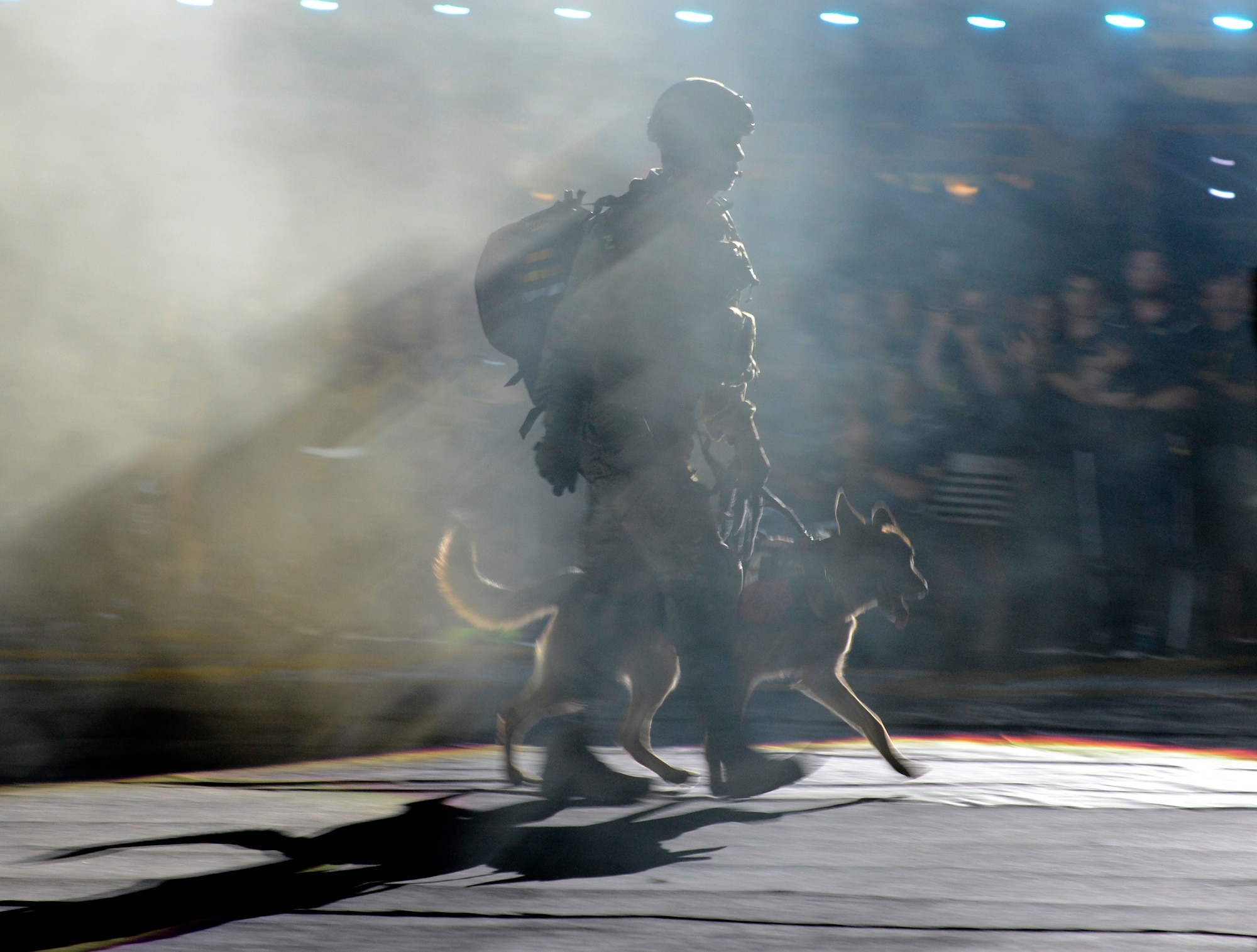 Air Force Staff Sgt. August O’Niell, walks in the Invictus Flag with his service dog Kai at the Opening Ceremony for the Invictus Games 2016 in Orlando, Fla. May 8, 2016. The Invictus Games are composed of 14 nations, over 500 military competitors, competing in 10 sporting events May 8-12, 2016. (U.S. Air Force photo by Staff Sgt. Carlin Leslie/Released)