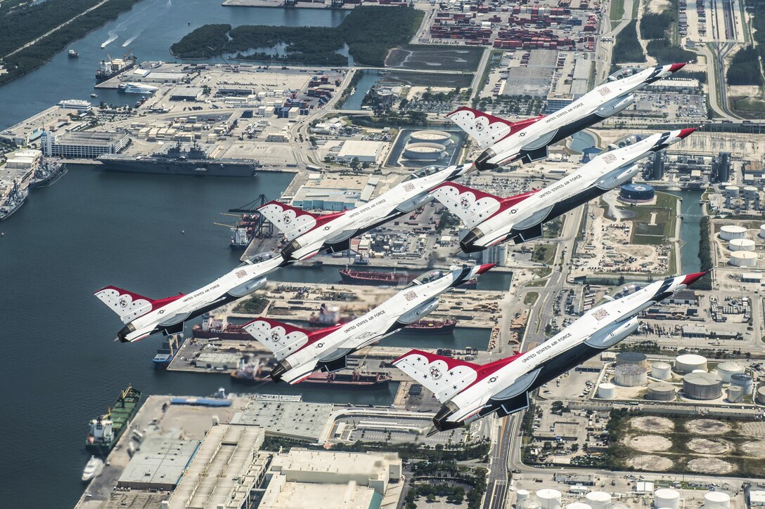 The Thunderbirds, the Air Force's demonstration squadron, practice a delta formation to prepare for the Fort Lauderdale Air Show in Fort Lauderdale, Fla., May 6, 2016. Air Force photo by Tech. Sgt. Christopher Boitz