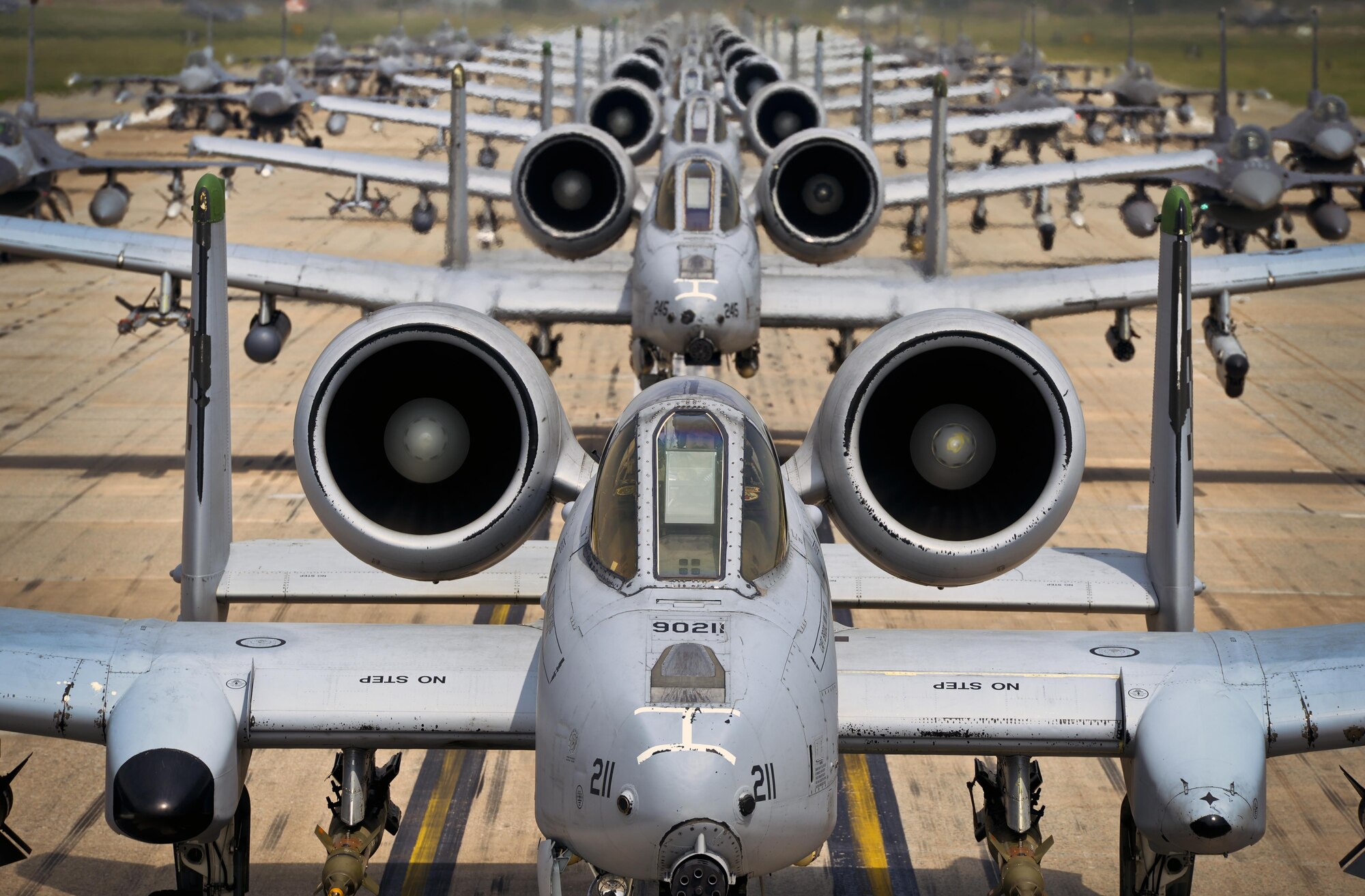 A-10 Thunderbolt II and F-16 Fighting Falcon fighter aircraft perform an 'Elephant Walk' on the runway this week during Exercise Beverly Herd 16-01 at Osan Air Base, Republic of Korea.  The Elephant Walk was a demonstration of U.S. Air Force capabilities and strength and showcases the wing's ability to generate combat airpower in an expedient manner in order to respond to simulated contingency operations. The A-10 Thunderbolt II aircraft are the 25th Fighter Squadron "Draggins" and the F-16 Fighting Falcon aircraft are the 36th Fighter Squadron "Friends" from the 51st Fighter Wing, Osan AB, ROK; the additional F-16 aircraft are the 179th Fighter Squadron "Bulldogs" from the 148th Fighter Wing out of Duluth Air National Guard Base, Minnesota. (U.S. Air Force photo by Tech. Sgt. Travis Edwards/Released) 