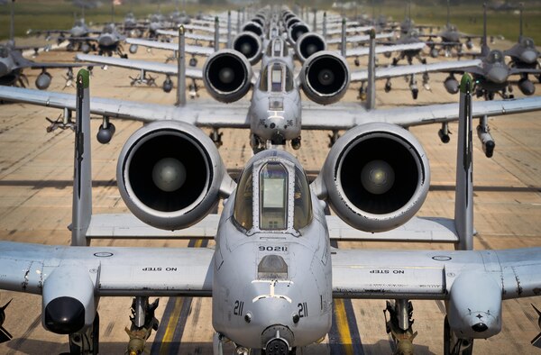 A-10 Thunderbolt II and F-16 Fighting Falcon fighter aircraft perform an 'Elephant Walk' on the runway this week during Exercise Beverly Herd 16-01 at Osan Air Base, Republic of Korea.  The Elephant Walk was a demonstration of U.S. Air Force capabilities and strength and showcases the wing's ability to generate combat airpower in an expedient manner in order to respond to simulated contingency operations. The A-10 Thunderbolt II aircraft are the 25th Fighter Squadron "Draggins" and the F-16 Fighting Falcon aircraft are the 36th Fighter Squadron "Friends" from the 51st Fighter Wing, Osan AB, ROK; the additional F-16 aircraft are the 179th Fighter Squadron "Bulldogs" from the 148th Fighter Wing out of Duluth Air National Guard Base, Minnesota. (U.S. Air Force photo by Tech. Sgt. Travis Edwards/Released) 