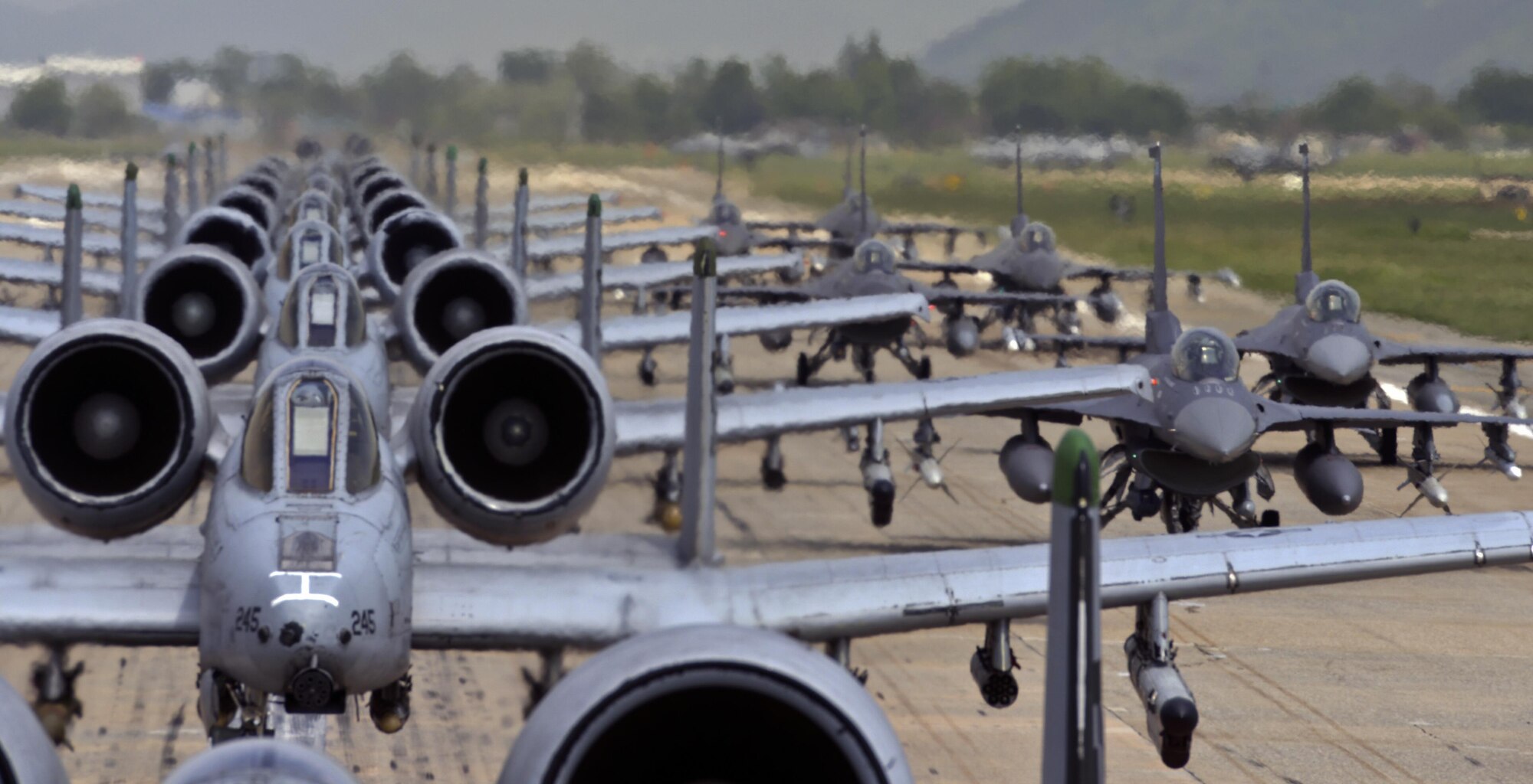 A-10 Thunderbolt II and F-16 Fighting Falcon fighter aircraft perform an 'Elephant Walk' on the runway this week during Exercise Beverly Herd 16-01 at Osan Air Base, Republic of Korea.  The Elephant Walk was a demonstration of U.S. Air Force capabilities and strength and showcases the wing's ability to generate combat airpower in an expedient manner in order to respond to simulated contingency operations. The A-10 Thunderbolt II aircraft are the 25th Fighter Squadron "Draggins" and the F-16 Fighting Falcon aircraft are the 36th Fighter Squadron "Friends" from the 51st Fighter Wing, Osan AB, ROK; the additional F-16 aircraft are the 179th Fighter Squadron "Bulldogs" from the 148th Fighter Wing out of Duluth Air National Guard Base, Minnesota. (U.S. Air Force photo by Tech. Sgt. Travis Edwards/Released)