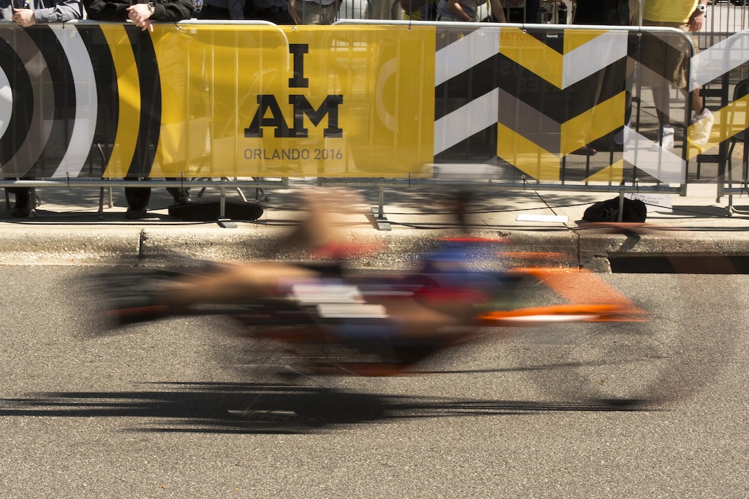 A U.S. team cyclist competes in an event during the 2016 Invictus Games in Orlando, Fla., May 9, 2016. DoD photo by Roger Wollenberg