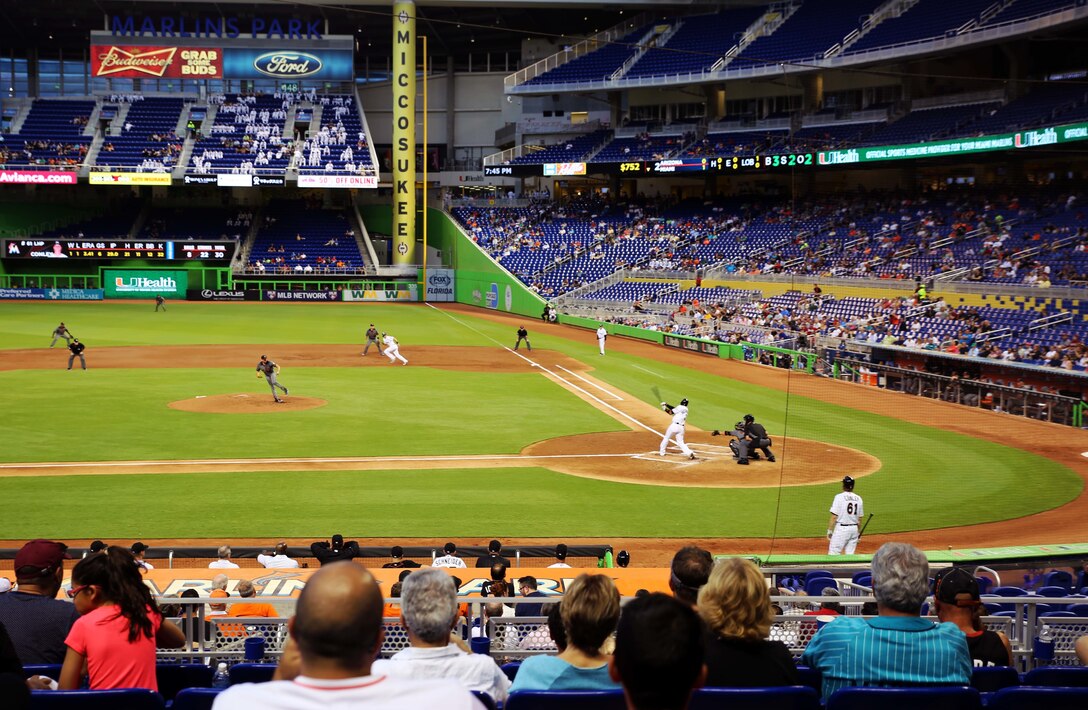 Marines and Sailors attend a Miami Marlins game as part of Fleet Week Port Everglades, Fort Lauderdale, Fla., May 5, 2016. Fleet Week, which takes place in Fort Lauderdale, Fla., from May 2-8, will give the community of South Florida the opportunity to interact with the Marines and Sailors of the ship as well as see up-close and personal some of the capabilities and equipment the Marine Corps employs. (U.S. Marine Corps photo by Lance Cpl. Brianna Gaudi/Released.)