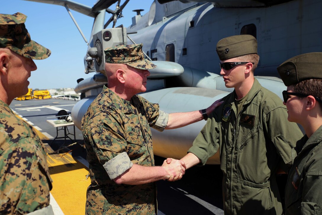 Major Gen. Walter Lee Miller Jr., the commanding general of II Marine Expeditionary Force, visits Fleet Week Port Everglades to speak to Marines aboard the USS Bataan, May 6, 2016. Fleet Week, which takes place in Fort Lauderdale, Fla., from May 2-8, will give the community of South Florida the opportunity to interact with the Marines and Sailors of the ship as well as see up-close and personal some of the capabilities and equipment the Marine Corps employs. (U.S. Marine Corps photo by Lance Cpl. Brianna Gaudi/Released.)