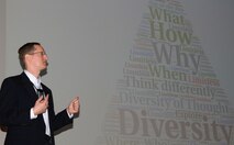 Brian Niswander, Directorate of Communications and Information division chief, gives an Exploration and Discovery presentation during the National Air and Space Intelligence Center at Wright-Patterson Air Force Base, Ohio, May 6, 2016. The purpose of Innovation Day is to encourage each member of the center to embrace creativity and critical thinking.  (U.S. Air Force photo/Master Sgt. Tammie Moore)