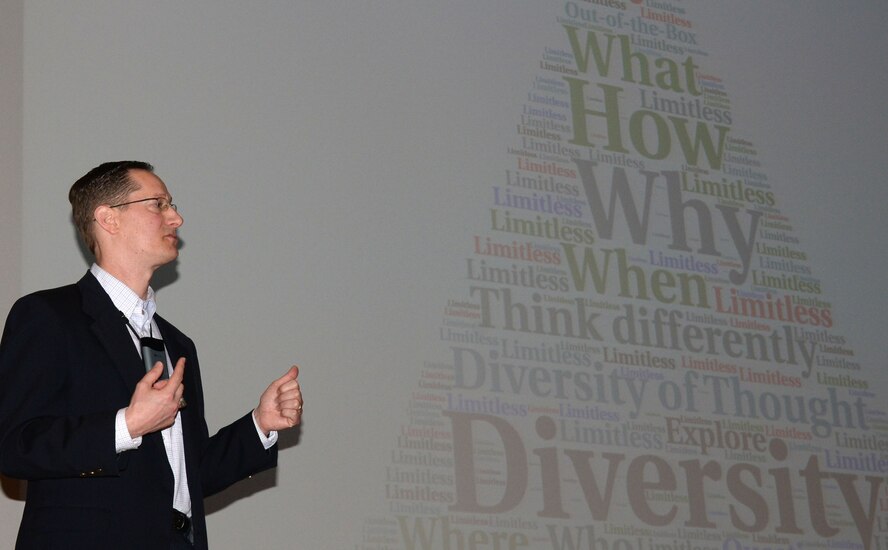 Brian Niswander, Directorate of Communications and Information division chief, gives an Exploration and Discovery presentation during the National Air and Space Intelligence Center at Wright-Patterson Air Force Base, Ohio, May 6, 2016. The purpose of Innovation Day is to encourage each member of the center to embrace creativity and critical thinking.  (U.S. Air Force photo/Master Sgt. Tammie Moore)