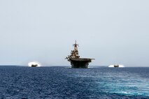 (May 5, 2016) Amphibious assault ship USS Boxer (LHD 4) transits the Gulf of Aden with guided-missile destroyer USS Gonzalez (DDG 66). Gonzalez is currently operating with the Boxer Amphibious Ready Group in support of maritime security operations and theater security cooperation efforts in the U.S. 5th Fleet area of operations.