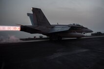 (May 7, 2016) An F/A-18F Super Hornet, assigned to the “Jolly Rogers” of Strike Fighter Squadron (VFA) 103, launches from the flight deck of aircraft carrier USS Harry S. Truman (CVN 75). Harry S. Truman Carrier Strike Group is deployed in support of Operation Inherent Resolve, maritime security operations, and theater security cooperation efforts in the U.S. 5th Fleet area of operations.