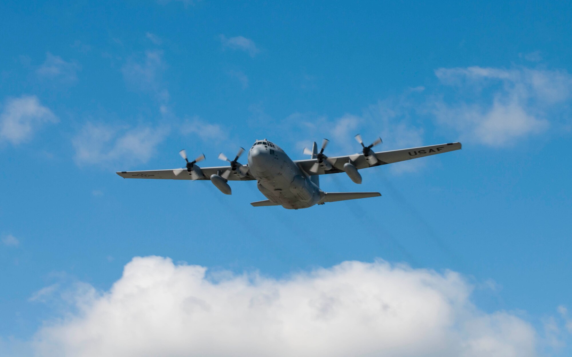 A C-130 Hercules flies over Niagara Falls Air Reserve Station, N.Y., May 9, 2016 as part of a final 4-ship C-130 mission for the 914 Airlift Wing. The Aircraft are flying deployers to Qatar in support of Operation Inherent Resolve. (U.S Air Force photo by Tech. Sgt. Stephanie Sawyer) 