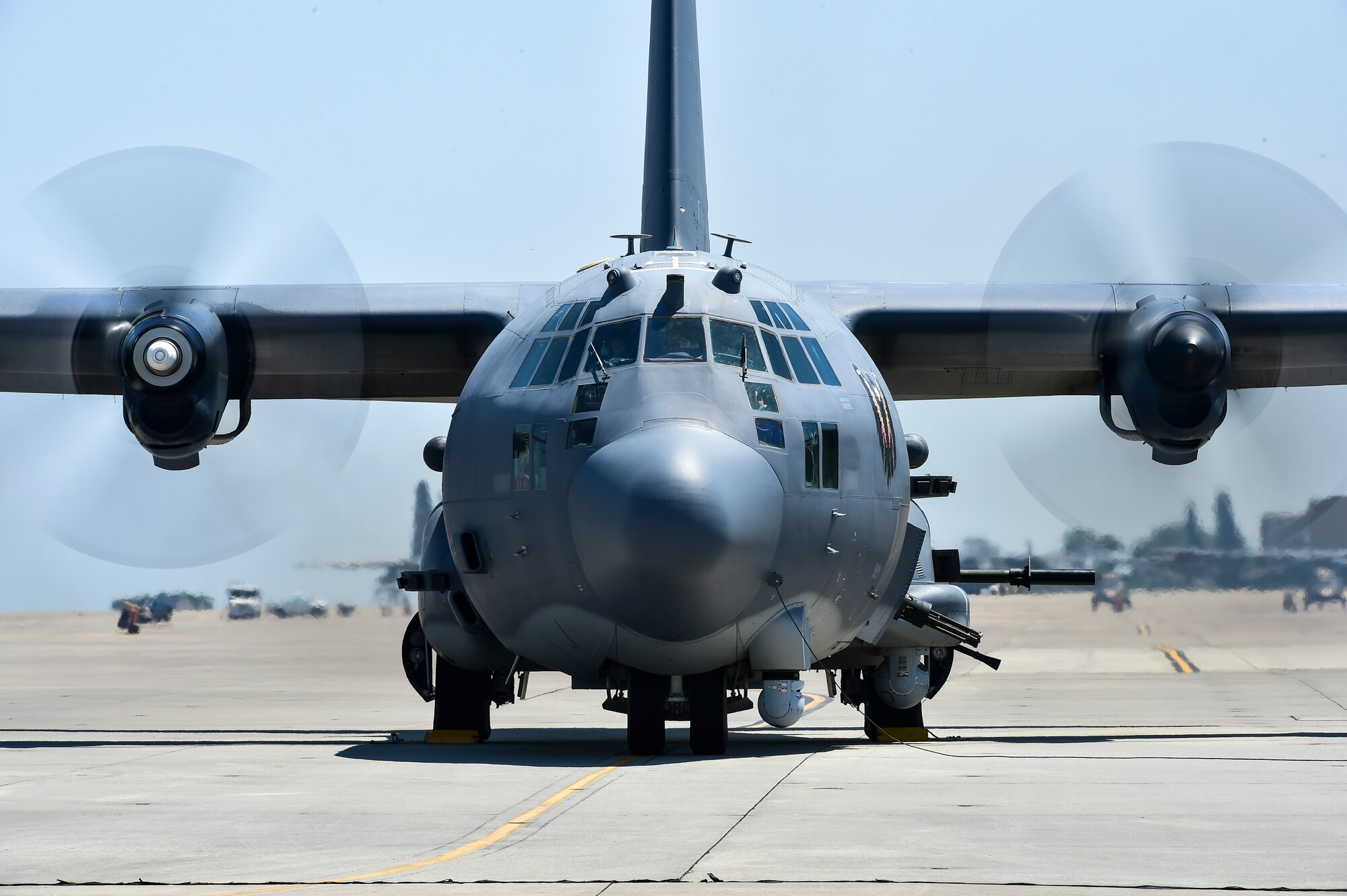 U.S. Air Force crew chiefs with the 1st Special Operations Aircraft Maintenance Squadron perform engine runs on an AC-130U Spooky gunship during Emerald Warrior at Hurlburt Field, Fla., May 6, 2016. Emerald Warrior is a U.S. Special Operations Command-sponsored mission rehearsal exercise during which joint special operations forces train to respond to real and emerging worldwide threats. (U.S. Air Force photo by Senior Airman Jeff Parkinson)