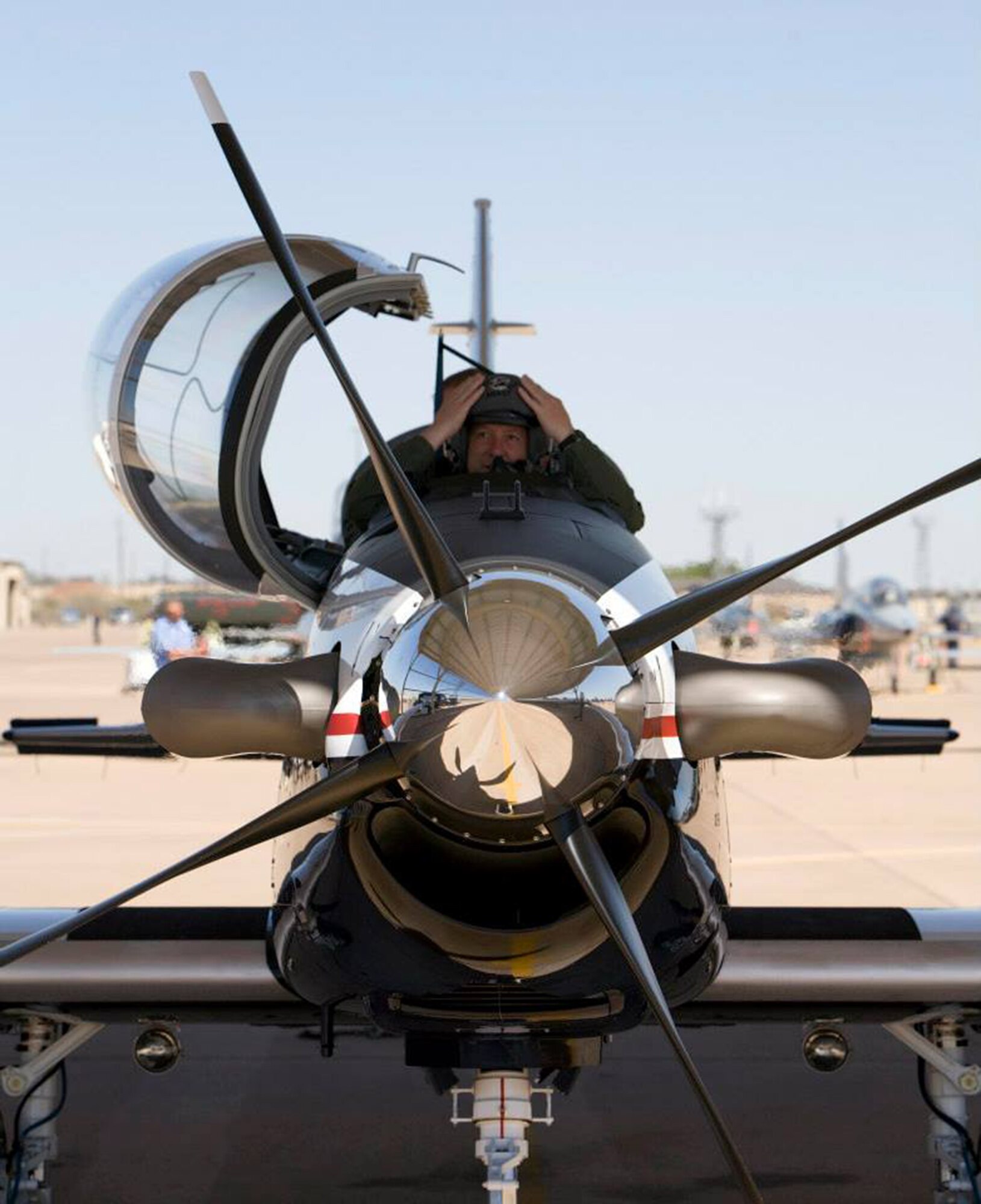 A Euro-NATO Joint Jet Pilot Training student pilot prepares for takeoff in a T-6 at Sheppard Air Force Base, Texas. ENJJPT is the only internationally manned and managed pilot training program in the world, producing pilots for 13 NATO nations. For several nations, including Germany, ENJJPT is their sole source of training for fighter pilots. (U.S. Air Force photo/82nd Training Wing Public Affairs)