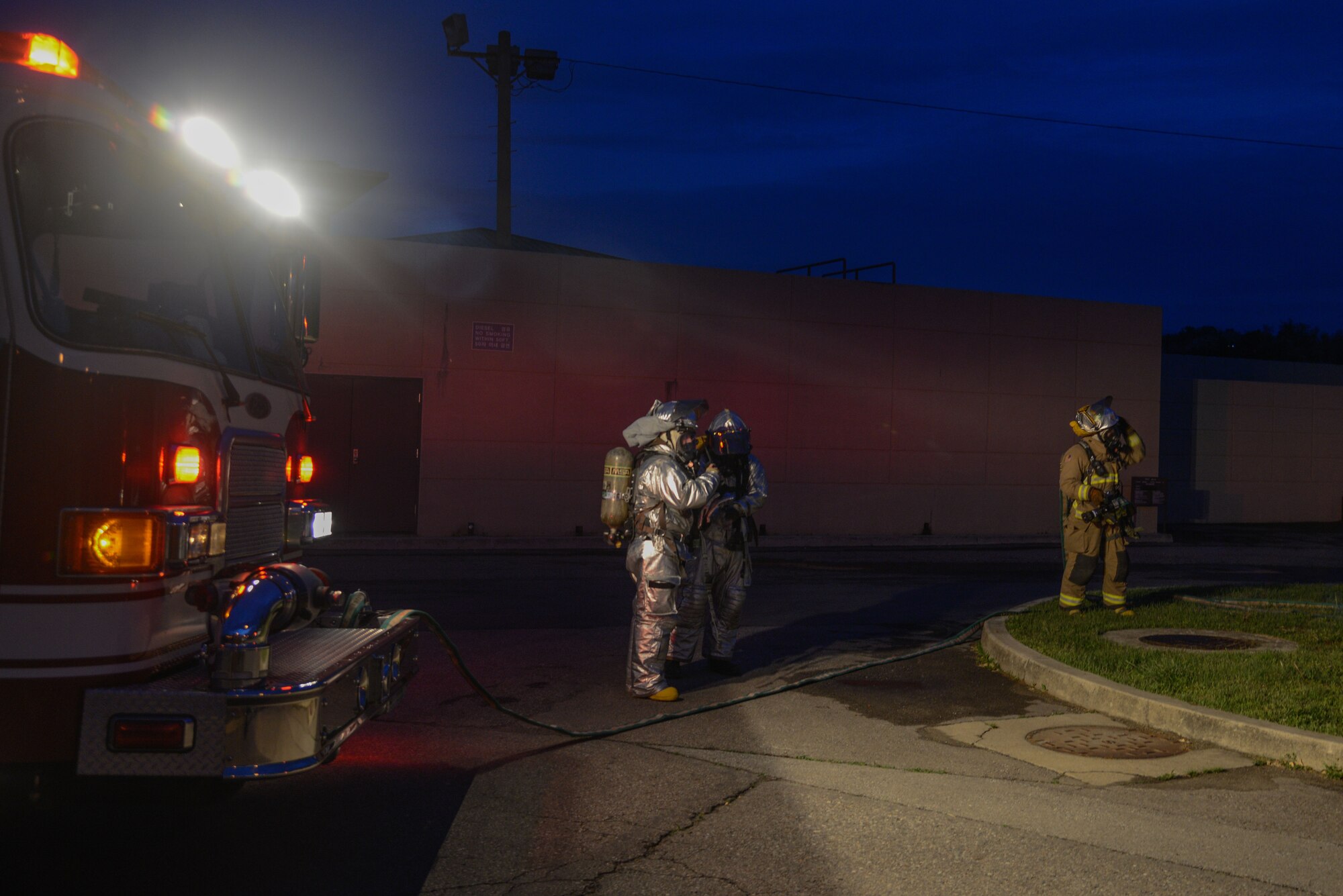 The 51st Civil Engineer Squadron fire prevention team responds to a simulated exploded ordnance scenario during Exercise Beverly Herd 16-01 May 10, 2016, at Osan Air Base, Republic of Korea. BH 16-01 is a week-long readiness exercise for the 51st Fighter Wing which includes a plethora of scenarios like Chemical, Biological, Radioactive, and Nuclear, active shooter and opposing forces.  (U.S. Air Force photo by Senior Airman Dillian Bamman/Released)