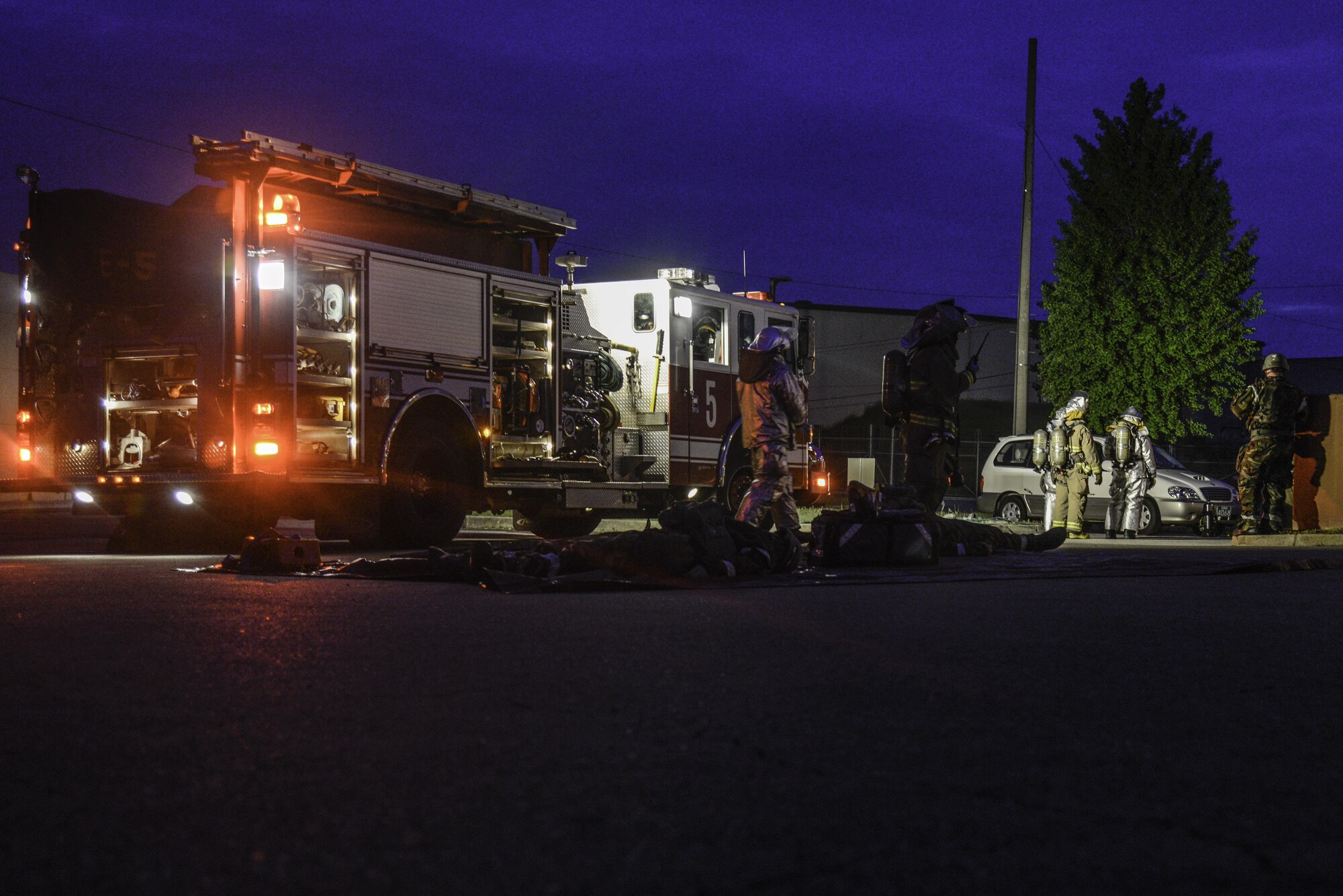 The 51st Civil Engineer Squadron fire prevention team responds to a simulated exploded ordnance scenario during Exercise Beverly Herd 16-01 May 10, 2016, at Osan Air Base, Republic of Korea. BH 16-01 is a week-long readiness exercise for the 51st Fighter Wing which includes a plethora of scenarios like Chemical, Biological, Radioactive, and Nuclear, active shooter and opposing forces. BM16-01 (U.S. Air Force photo by Senior Airman Dillian Bamman/Released)