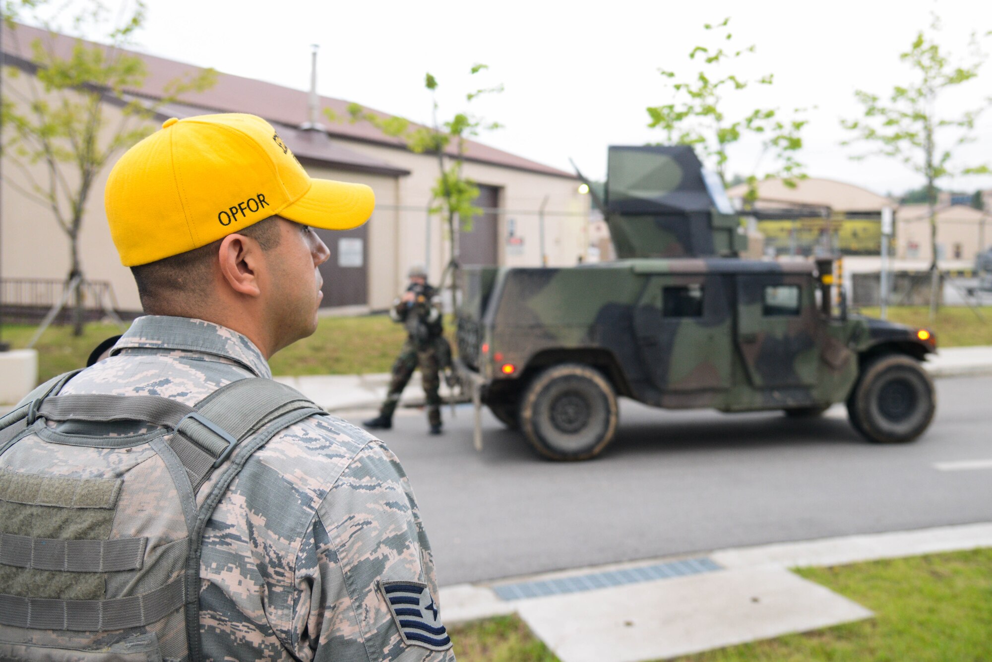 Tech Sgt. Jaime Gutierrez, 51st Fighter Wing inspection team member, performs quality control during an opposing forces scenario for Beverly Herd 16-01 May 10, 2016, at Osan Air Base, Republic of Korea. BH 16-01 is a week-long readiness exercise for the 51st FW which includes a plethora of scenarios like Chemical, Biological, Radioactive, and Nuclear response, active shooter and opposing forces.  (U.S. Air Force photo by Senior Airman Dillian Bamman/Released)