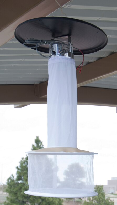 A mosquito trap hangs in the pavilion near the clinic at Schriever Air Force Base, Colorado, Thursday, May 5, 2016. The trap is one of several that will be deployed throughout the summer as Public Health periodically tests for mosquito-born disease. (U.S. Air Force photo/Brian Hagberg)