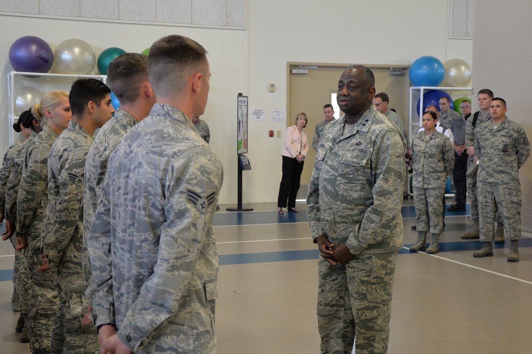 U.S. Air Force Maj. Gen. Mark Brown, 2nd Air Force commander, visits the Carswell Field House on Goodfellow Air Force Base, Texas, May 4, 2016. Brown spoke to Airmen and thanked them for their commitment to the base honor guard. (U.S. Air Force photo by Airman 1st Class Randall Moose/Released)