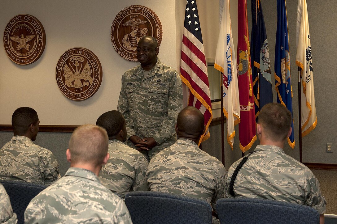 U.S. Air Force Maj. Gen. Mark E. Brown, 2nd Air Force commander, speaks to fire protection students at the Louis F. Garland Department of Defense Fire Academy on Goodfellow Air Force Base, Texas, May 5, 2016. Brown spoke about Air Force core values and how Airmen can apply them throughout their careers. (U.S. Air Force photo by Airman 1st Class Caelynn Ferguson/Released)
