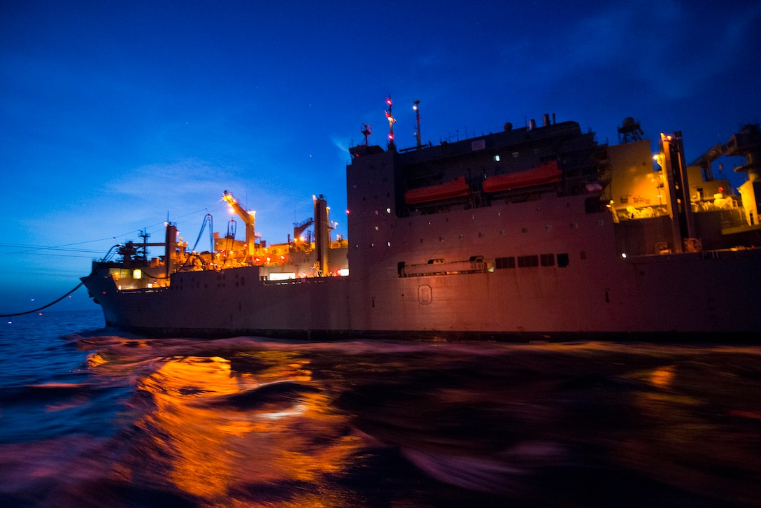 Fleet-replenishment oiler USNS Richard E. Byrd transits alongside guided-missile destroyer USS Gonzalez during a replenishment in the Gulf of Aden, May 6, 2016. The Gonzalez is supporting maritime security operations and theater security cooperation efforts in the U.S. 5th Fleet area of operations. U.S. Navy photo by Petty Officer 3rd Class Pasquale Sena