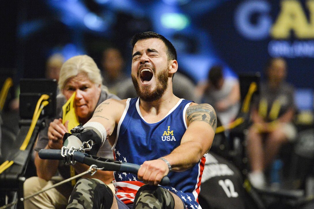 Retired Air Force Staff Sgt. Daniel Crane competes in a rowing event during the 2016 Invictus Games in Orlando, Fla., May 9, 2016. Air Force photo by Tech. Sgt. Joshua L. DeMotts