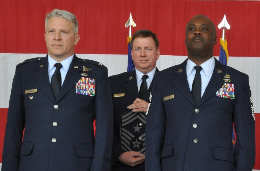 PETERSON AIR FORCE BASE, Colo. -- Chief Master Sgt. Otis L. Jones Jr., right, relinquishes his role and responsibilities as command chief master sergeant of the 302nd Airlift Wing to Col. Erich C. Novak, Vice Wing Commander of the 302nd AW, during a ceremony April 3, 2016 here. Jones became the Reserve wing’s command chief master sergeant in April 2012. His next assignment is Aide to the Command Chief, Air Force Sustainment Center, Tinker AFB, Okla. (U.S. Air Force photo/2nd Lt. Stephen Collier)