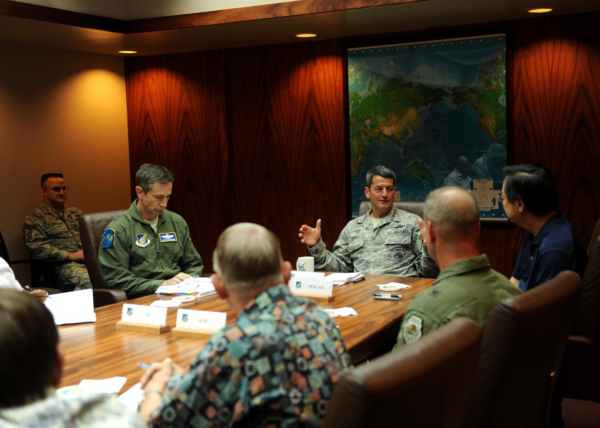 U.S. Air Force Lt. Gen. Russell J. Handy receives his initial briefing as the Pacific Air Forces commander and U.S Pacific Command Joint Force Air Component commander, May 9, 2016, at Joint Base Pearl Harbor-Hickam, Hawaii. Effective May 10, Gen. Handy, the 11th Air Force commander, will serve as the PACAF and USPACOM JFACC commander until a new one is confirmed by the Senate and assumes command. He will also continue to serve as the 11th AF commander." (U.S. Air Force photo by Staff Sgt. Alexander Martinez/Released)