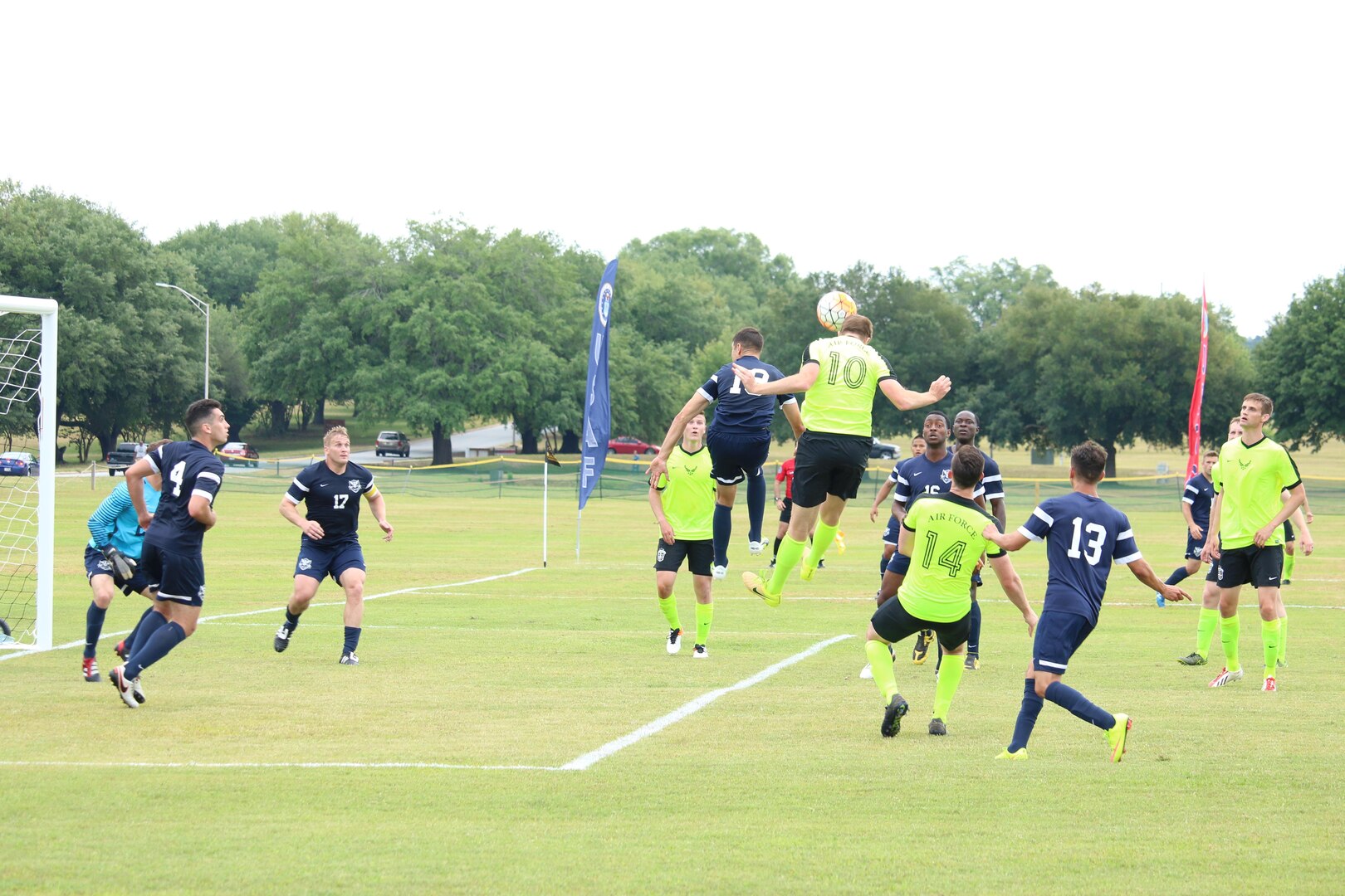 The Navy defends the final barrage of shots to defeat Air Force 1-0 in the 2016 Armed Forces Men's Soccer Championship at Fort Benning, Ga. The 2016 Championship is held from 6 to 14 May featuring teams from the Army, Marine Corps, Navy and Air Force.  Coast Guard personnel are competing on the Navy team.  