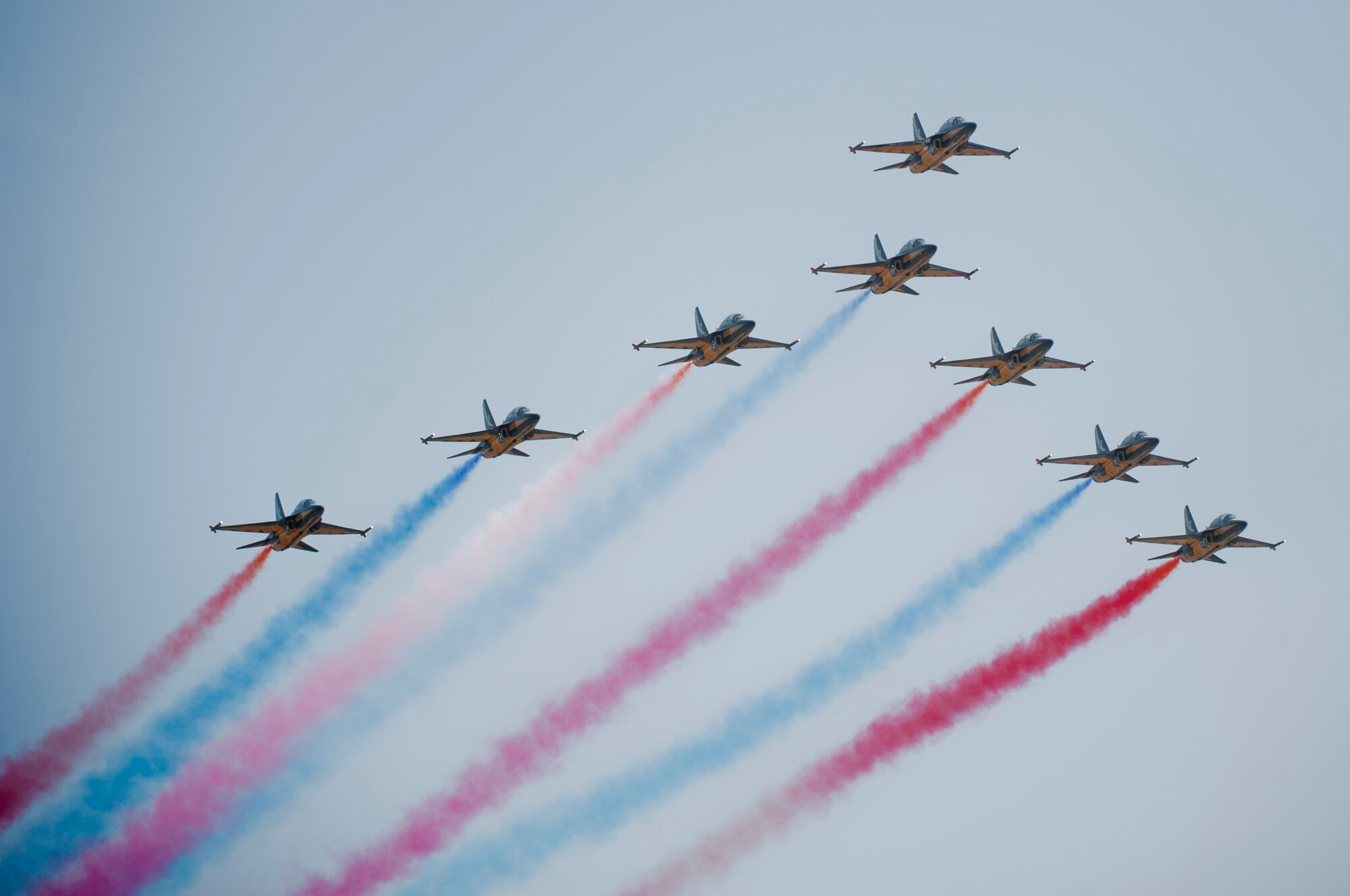 The Black Eagles aerobatic team fly in formation during the Gyeonggi Suwon Airshow 2016 at Suwon Air Base, Republic of Korea, May 7, 2016. The 51st Fighter Wing assisted with the airshow by providing F-16 Fighting Falcon and A-10 Thunderbolt II static displays as well as support from Osan Air Base Airmen. (U.S. Air Force photo by Staff Sgt. Jonathan Steffen/Released)