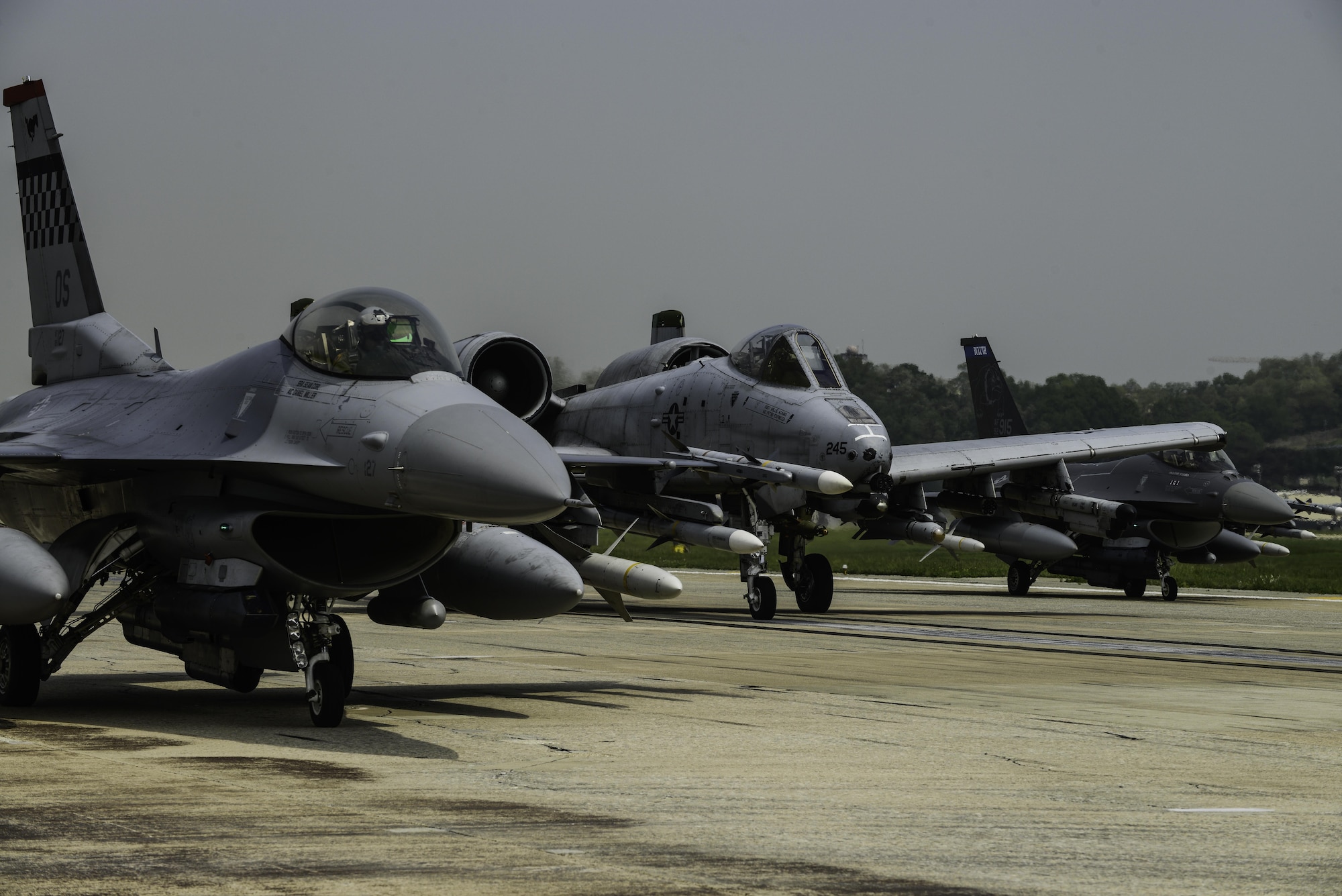 A-10 Thunderbolt II and F-16 Fighting Falcon fighter aircraft perform an 'Elephant Walk' on the runway this week during Exercise Beverly Herd 16-01 at Osan Air Base, Republic of Korea. The Elephant Walk was a demonstration of U.S. Air Force capabilities and strength and showcases the wing's ability to generate combat airpower in an expedient manner in order to respond to simulated contingency operations. The A-10 Thunderbolt II aircraft are the 25th Fighter Squadron "Draggins" and the F-16 Fighting Falcon aircraft are the 36th Fighter Squadron "Friends" from the 51st Fighter Wing, Osan AB, ROK; the additional F-16 aircraft are the 179th Fighter Squadron "Bulldogs" from the 148th Fighter Wing out of Duluth Air National Guard Base, Minnesota. (U.S. Air Force photo by Senior Airman Dillian Bamman/Released)