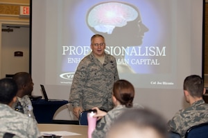 U.S. Air Force Col. Joseph Rizzuto, director of the Profession of Arms Center of Excellence course, led Airmen with the 30th Intelligence Squadron through a leadership seminar at Langley Air Force Base, Va., May 3, 2016. The event covered how to become an effective leader through demonstrating how unique backgrounds and experiences can create a more cohesive unit. (U.S. Air Force photo by Airman 1st Class Kaylee Dubois)