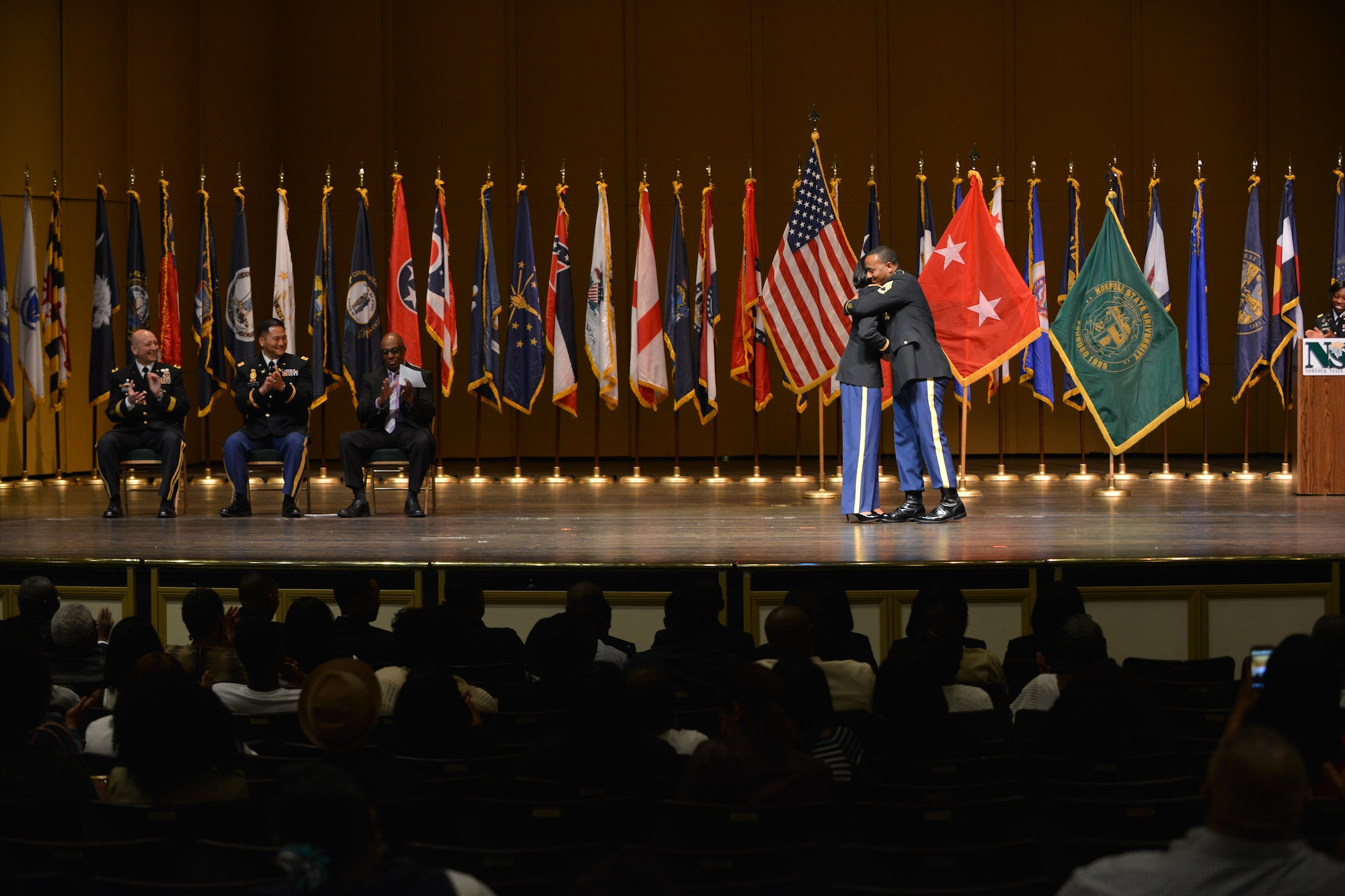 Newly commissioned U.S. Soldiers celebrate their commissioning with friends and family during the Norfolk State University Spring Commissioning Ceremony in Norfolk, Va., May 6, 2016. U.S. Army Maj. Gen. Anthony C. Funkhouser, the commander of the Center for Initial Military Training at Fort Eustis, Va., was the presiding officer and guest speaker at the ceremony. (U.S. Air Force photo by Staff Sgt. Natasha Stannard)