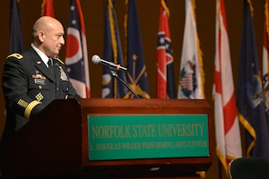 U.S. Army Maj. Gen. Anthony C. Funkhouser, the commander of the Center for Initial Military Training, speaks at the Norfolk State University Spring Commissioning Ceremony in Norfolk, Va., May 6, 2016. Funkhouser was invited as the guest speaker and commissioning officer. (U.S. Air Force photo by Staff Sgt. Natasha Stannard)