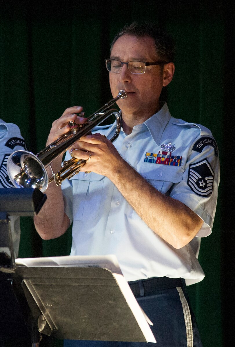 Master Sgt. Alan Baylock, the arranger for the Airmen of Note, the Air Force's premier jazz ensemble, plays performs his final show with the band at his alma mater, the University of North Texas in Denton, Texas, April 21 in the student union. Baylock has spent the last 20 years arranging music the The Note and is scheduled to become the director of the One O'clock Lab Band at UNT after his retirement this fall. (U.S. Air Force photo by Tech. Sgt. James Bolinger) 