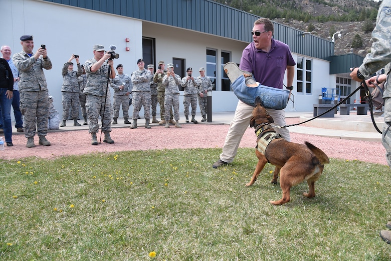 CHEYENNE MOUNTAIN AIR FORCE STATION, Colo. – Actor and comedian Kevin Heffernan, a member of the comedy troupe Broken Lizard and star of the film “Super Troopers” participates in a Military Working Dog demonstration as Airmen look on at the Mountain on May 6, 2016. The 21st Security Forces educated the actors on the capabilities of the MWD program. Heffernan and comedy partner Steve Lemme visited and toured the facility, and signed autographs for CMAFS Airmen. The visit was part of the ongoing CMAFS 50th Anniversary celebration. (U.S. Air Force photo by Airman 1st Class Dennis Hoffman)