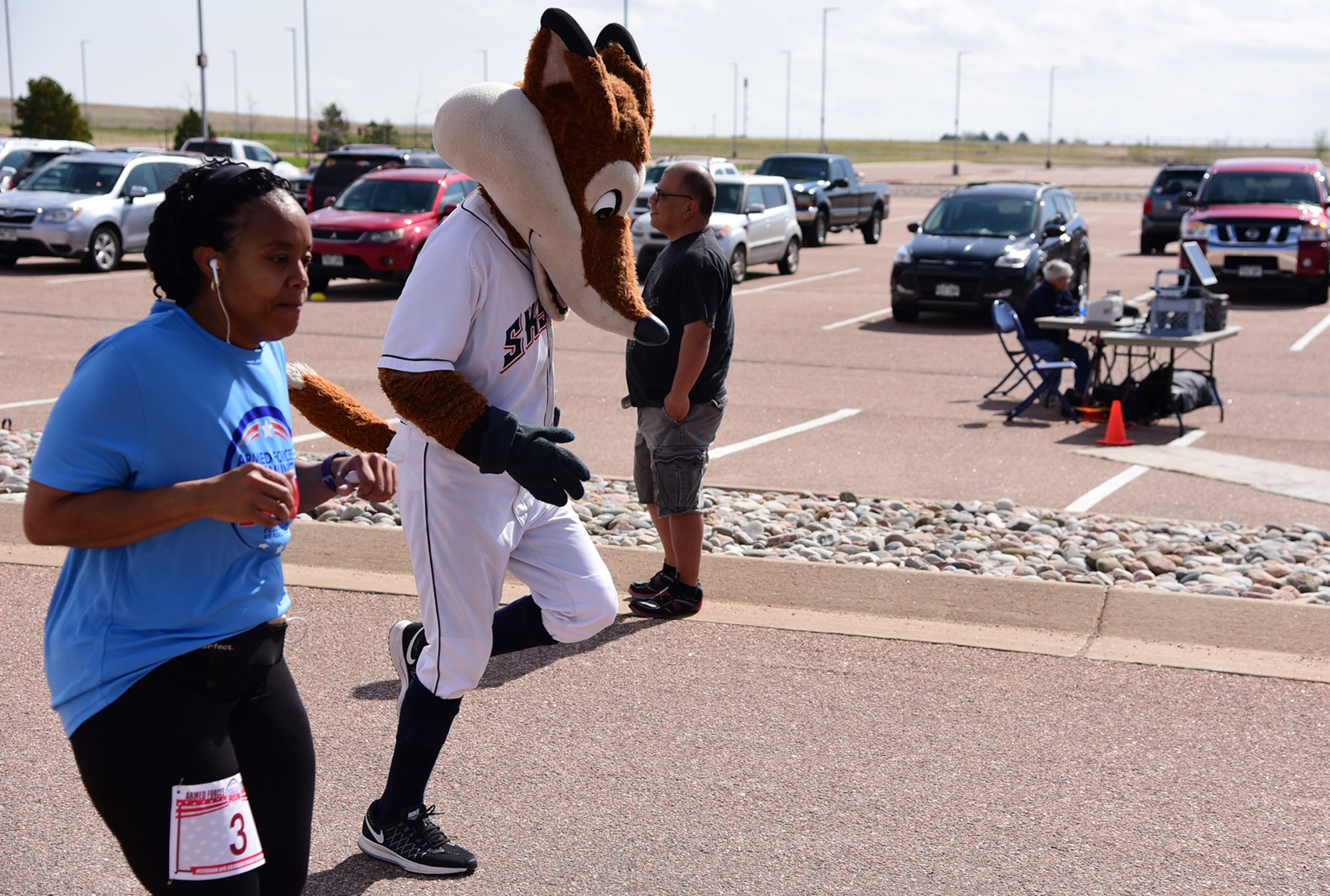 PETERSON AIR FORCE BASE, Colo.- Sox the Fox, the official mascot of the Colorado Springs Sky Sox baseball team, was in attendance at the Annual Armed Forces Community 10K/5K Run on May 7, 2016. He got the runners pumped up and even paced a few across the finish line.  (U.S. Air Force photo/Staff Sgt. Amber Grimm)