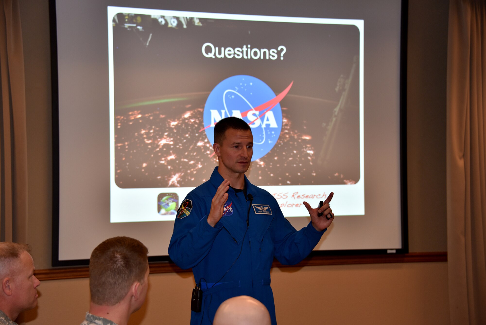 PETERSON AIR FORCE BASE, Colo. - Army Astronaut Lt. Col. Andrew Morgan visits U.S. Army Space and Missile Defense Command/Army Forces Strategic Command's Peterson Air Force Base headquarters May 3 to conduct an Officer Professional Development session for the command and local Functional Area 40 Space Operations officers.  Morgan covered the history and future of human spaceflight, an overview of Army officers who have become astronauts, and the training program for astronaut candidates, followed by a question and answer session. There were approximately 90 officers in attendance. The Army's Astronaut Program falls under the SMDC/ARSTRAT NASA detachment at Johnson Space Center in Houston, Texas, where there are currently three Army astronauts assigned. (Photo by Dottie White)