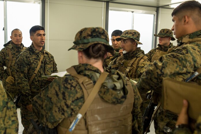 Sgt. Jesus Alvarado with Marine Wing Support Squadron (MWSS) 171 briefs his Marines in preparation for exercise Thunder Horse 16.2 at the Japan Ground Self-Defense Force’s Haramura Maneuver Area in Hiroshima, Japan, May 9, 2016. The squadron plans to conduct various drills pertaining to aviation ground support forces, aircraft salvage and recovery, convoys, direct refueling, recovery and general engineering operations, establishing a tactical motor pool, providing air operations and planning expeditionary fire rescue services. MWSS-171 conducts exercises such as this several times a year in order to train all the Marines within the squadron, enhance their technical skills, field experience and military occupational specialty capability. (U.S. Marine Corps photo by Lance Cpl. Aaron Henson/Released)