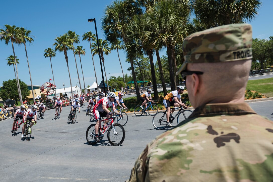 Army Command Sgt. Maj. John W. Troxell, senior enlisted advisor to the chairman of the Joint Chiefs of Staff, watches a cycling event at the 2016 Invictus Games opening ceremonies, in Orlando, Fla., May 9, 2016. DoD photo by Army Staff Sgt. Sean K. Harp